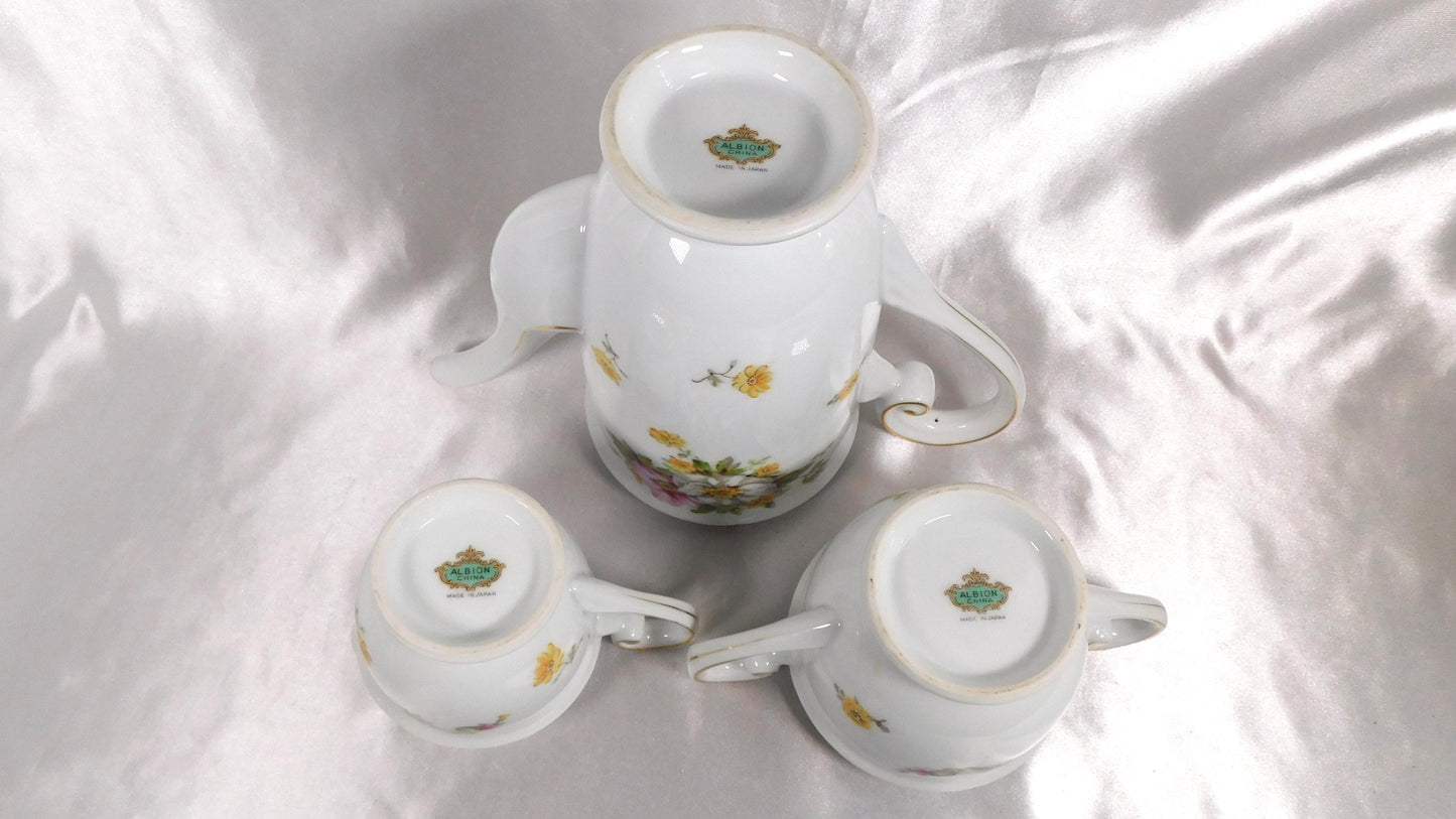 Albion White Floral Teapot, Sugar Bowl and Creamer from Japan # 23050