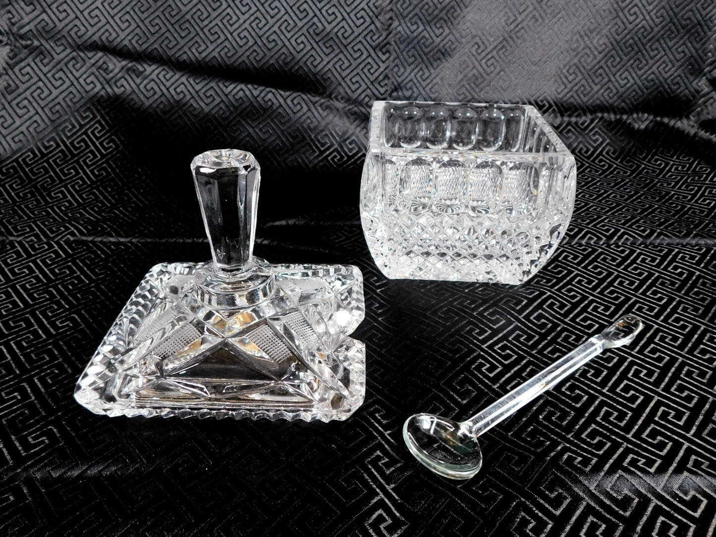 Cut Glass Square Jelly Jar or Honey Pot with Spoon # 25442