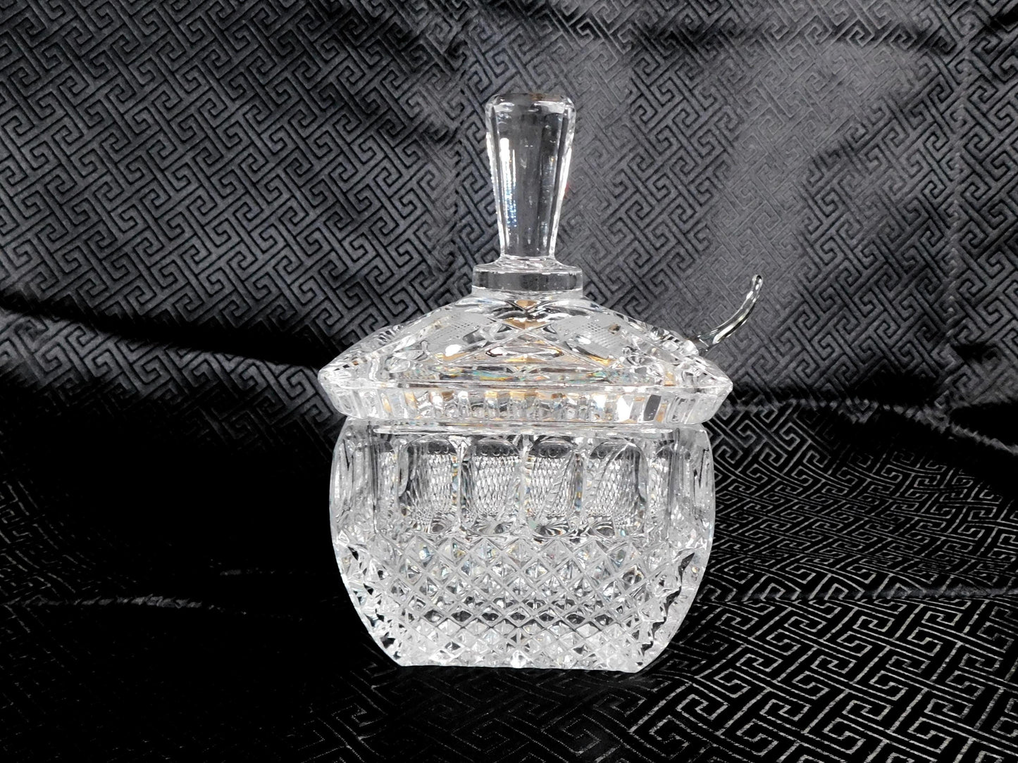 Cut Glass Square Jelly Jar or Honey Pot with Spoon # 25442