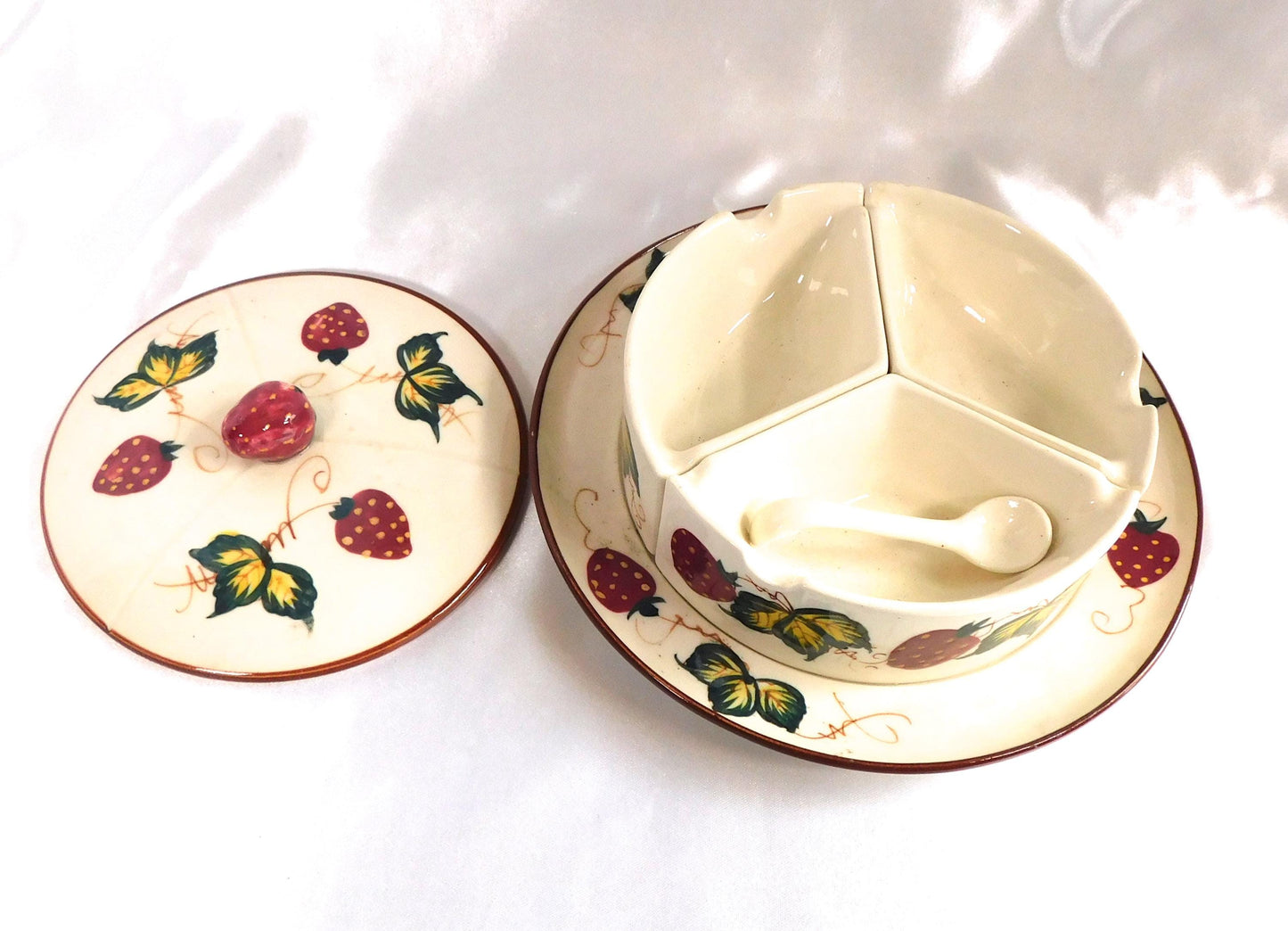 Three Section Strawberry Design Divided Dish with Lid and Underplate # 25713
