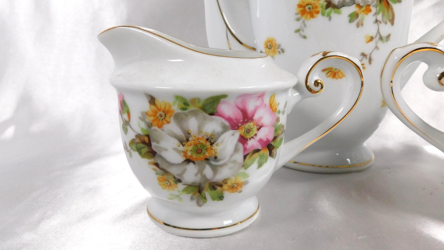 Albion White Floral Teapot, Sugar Bowl and Creamer from Japan # 23050