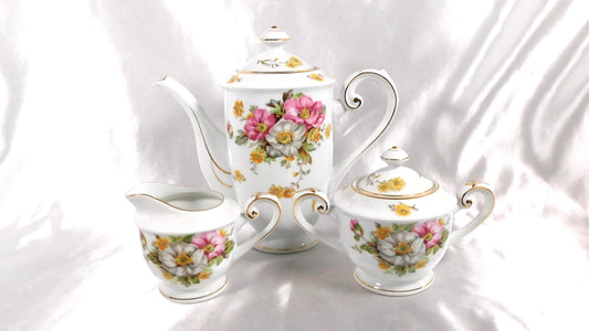 Albion White Floral Teapot, Sugar Bowl and Creamer from Japan # 23050