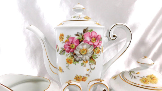 Albion White Floral Teapot, Sugar Bowl and Creamer from Japan # 23050