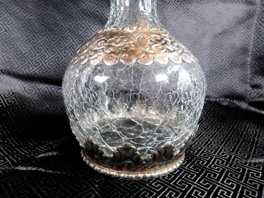 Antique Crackle Glass Decanter with Metal Overlay # 25428