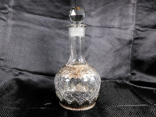 Antique Crackle Glass Decanter with Metal Overlay # 25428