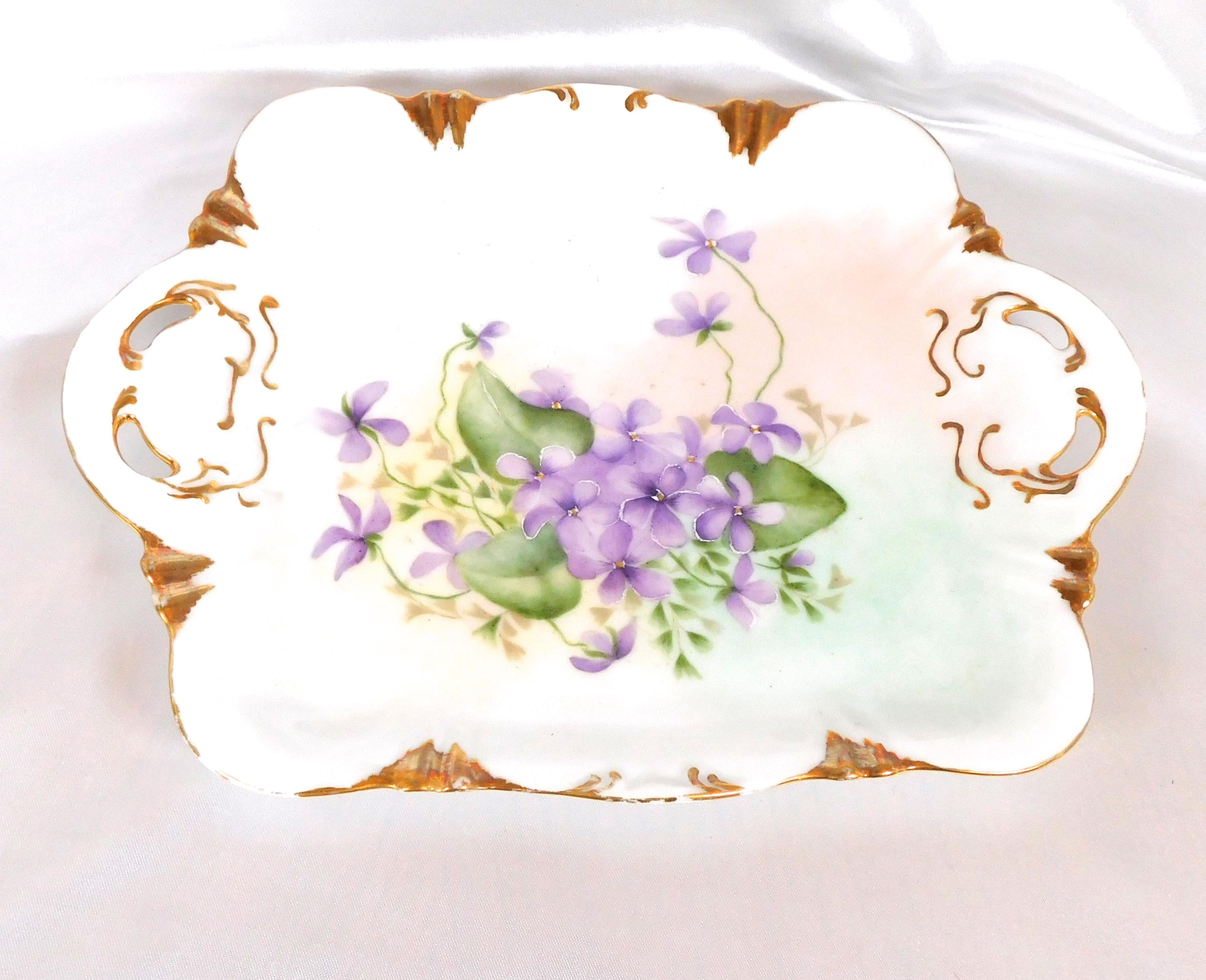 Theodore Haviland Hand Painted Porcelain Vanity Tray with Purple Flowers # 25822
