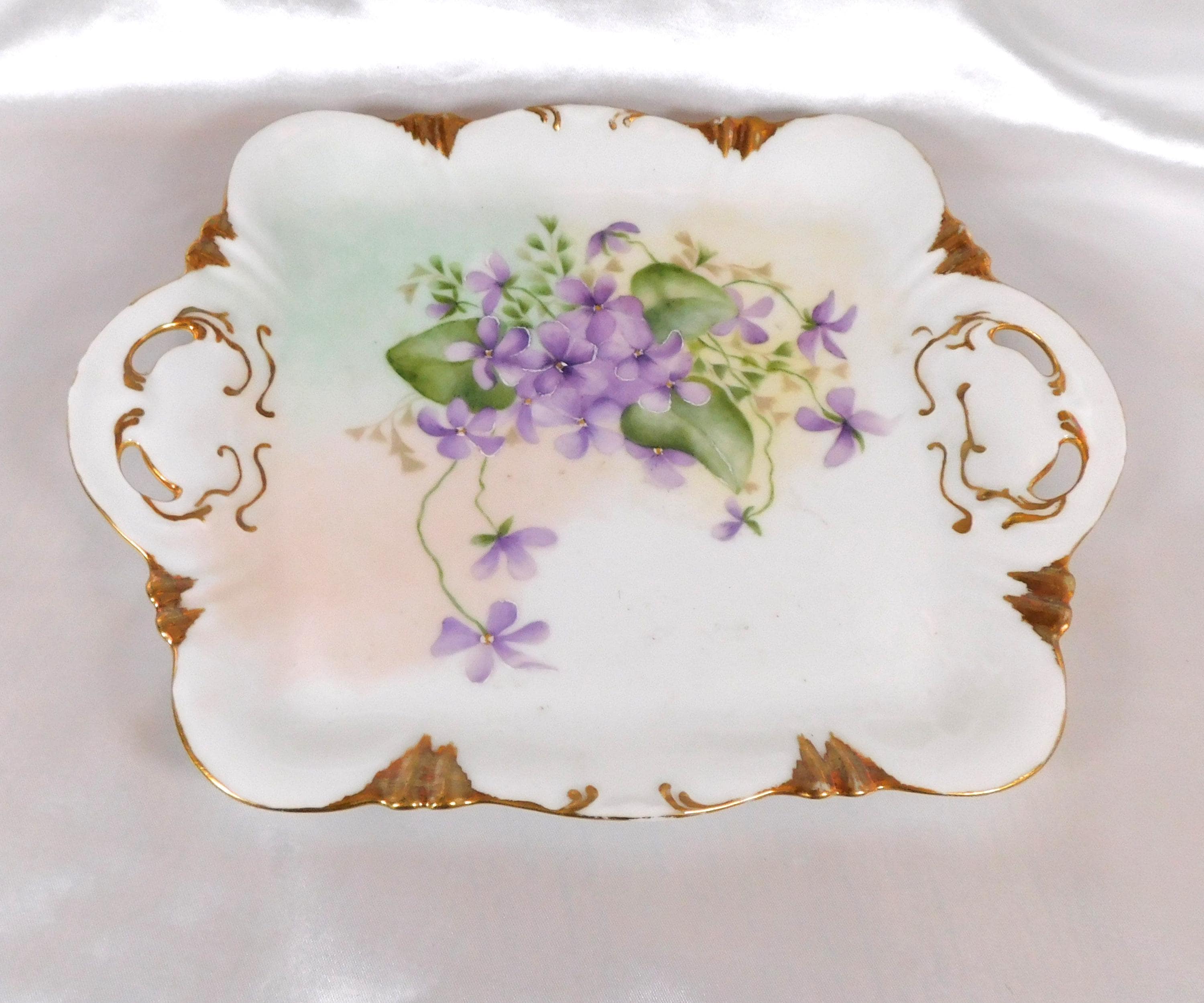 Theodore Haviland Hand Painted Porcelain Vanity Tray with Purple Flowers # 25822