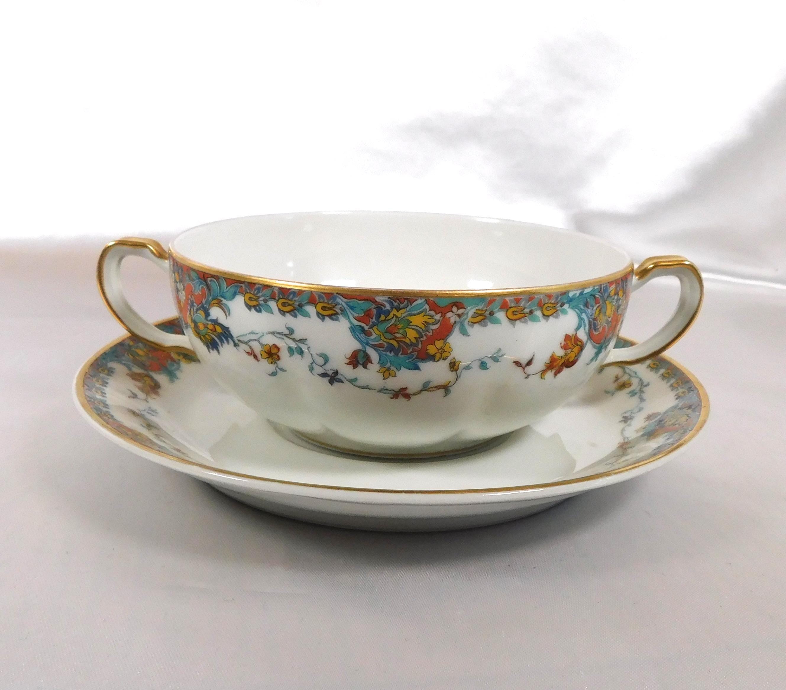 Set of Four Haviland Flat Bullion Cups and Two Underplates in Paisley # 25851
