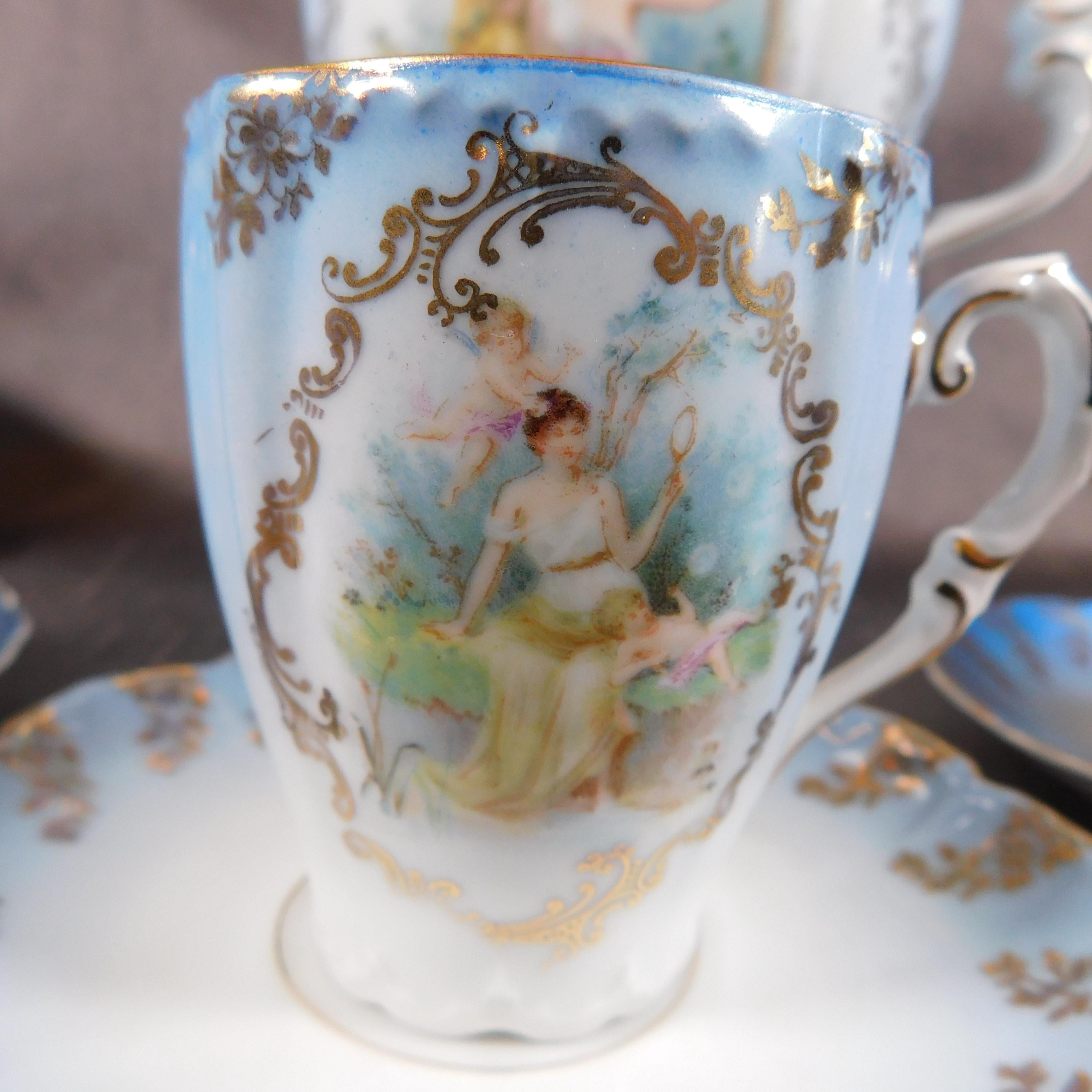 Blue and White Angel Design Chocolate Pot Set with Cups   # 25910