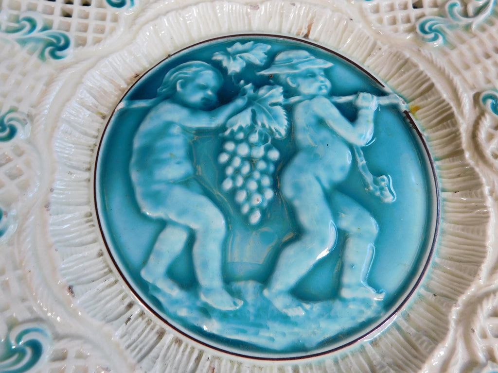 White and Turquoise Reticulated Plate # 24052