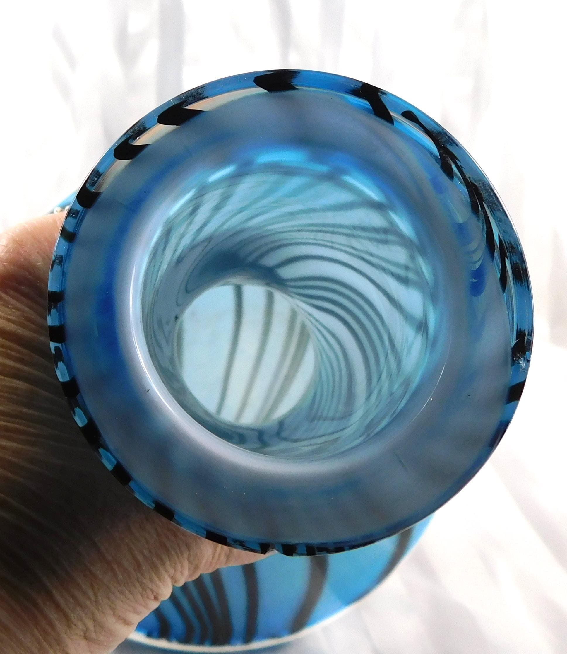 Blue and Black Striped Wide Bottom Decanter or Vase # 27159