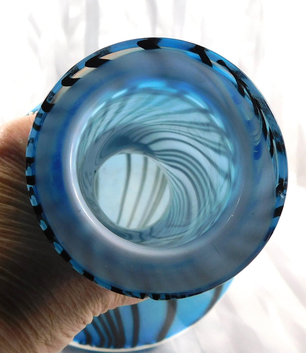 Blue and Black Striped Wide Bottom Decanter or Vase # 27159