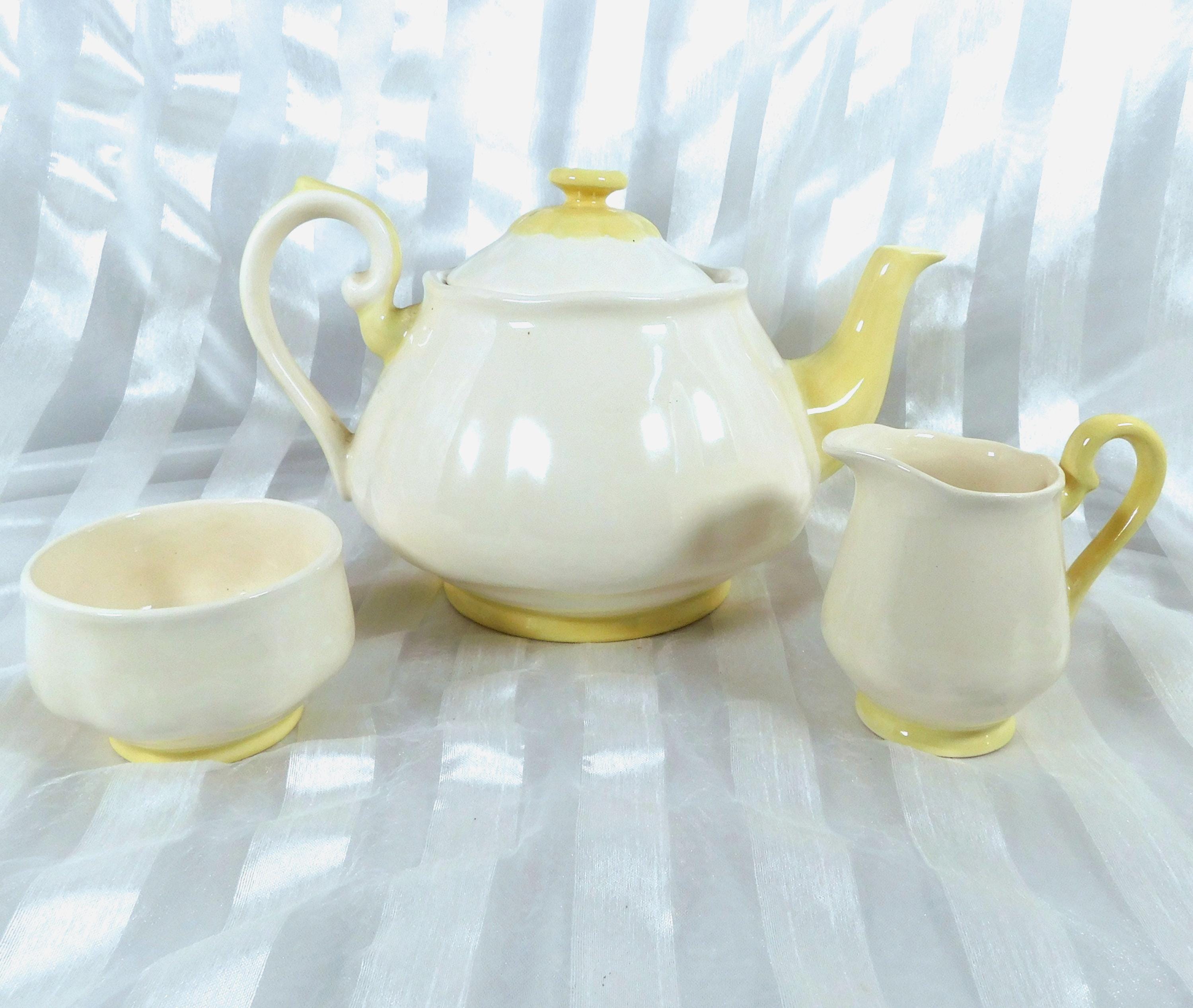 Arnels White Yellow Teapot Sugar and Creamer Set # 26298