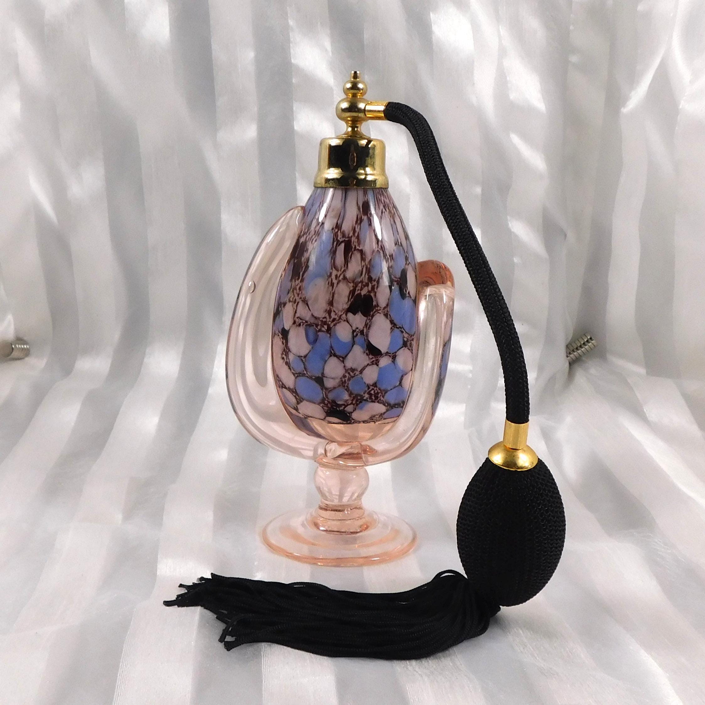 Blue Black and White Perfume Atomizer Cased in Pink Glass # 26977
