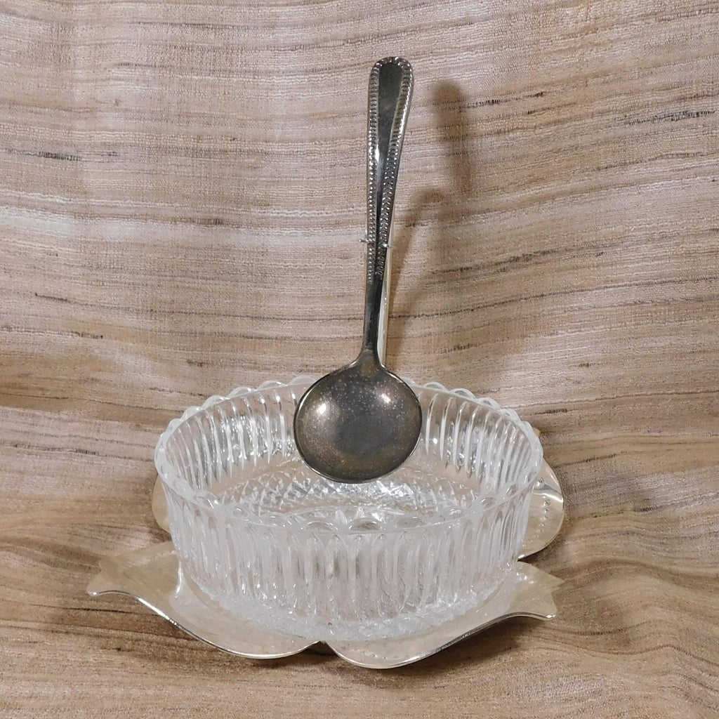 Silver Flower Shaped Jelly Jar Holder with Glass Dish and Spoon # 26342
