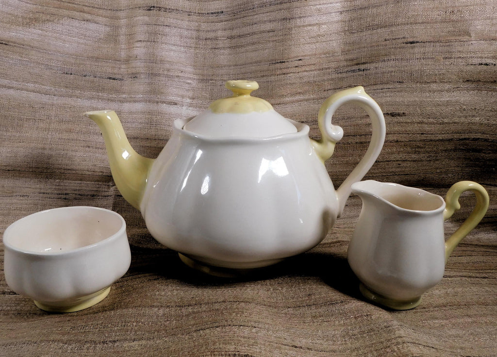 Arnels White Yellow Teapot Sugar and Creamer Set # 26298