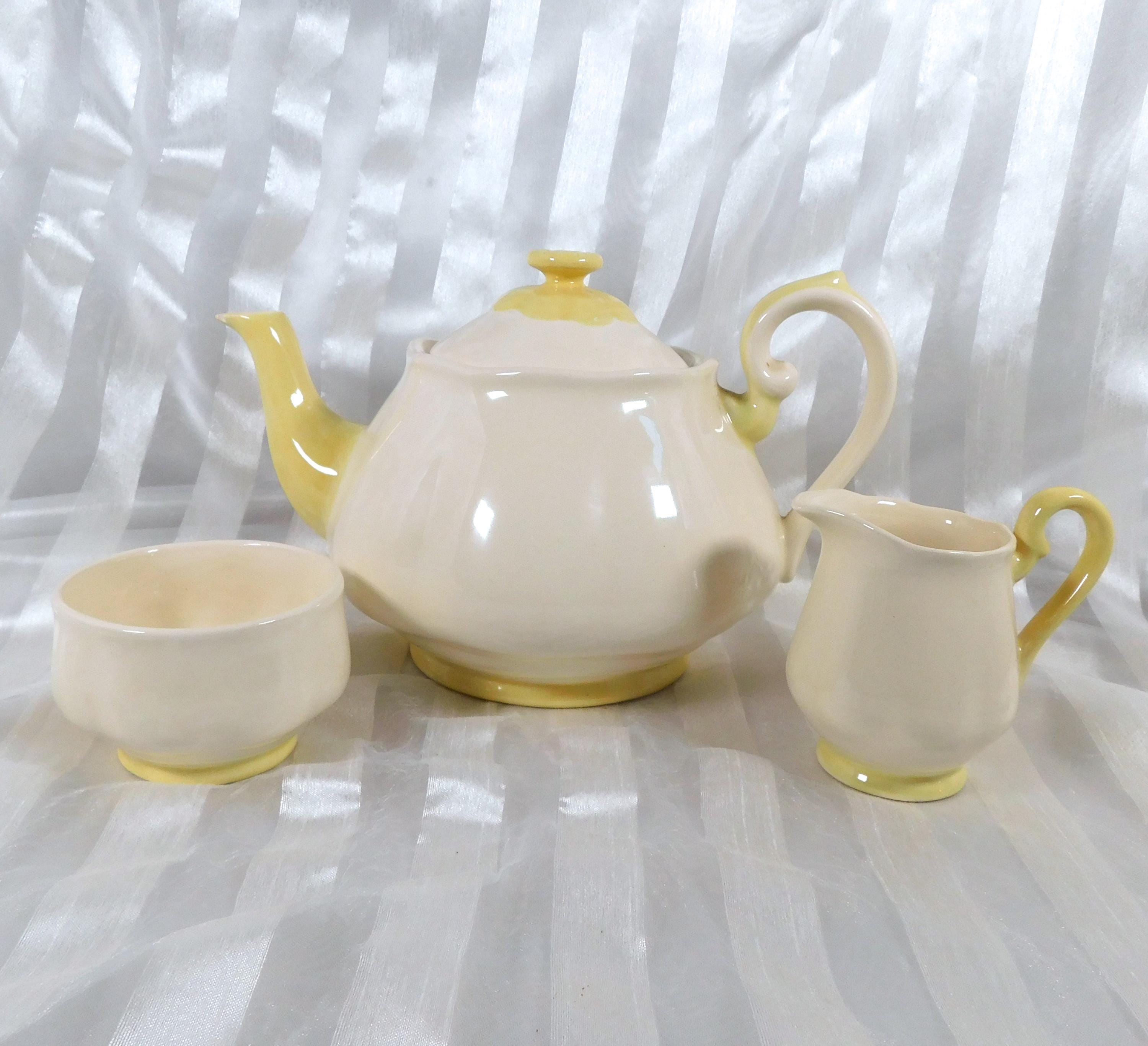 Arnels White Yellow Teapot Sugar and Creamer Set # 26298