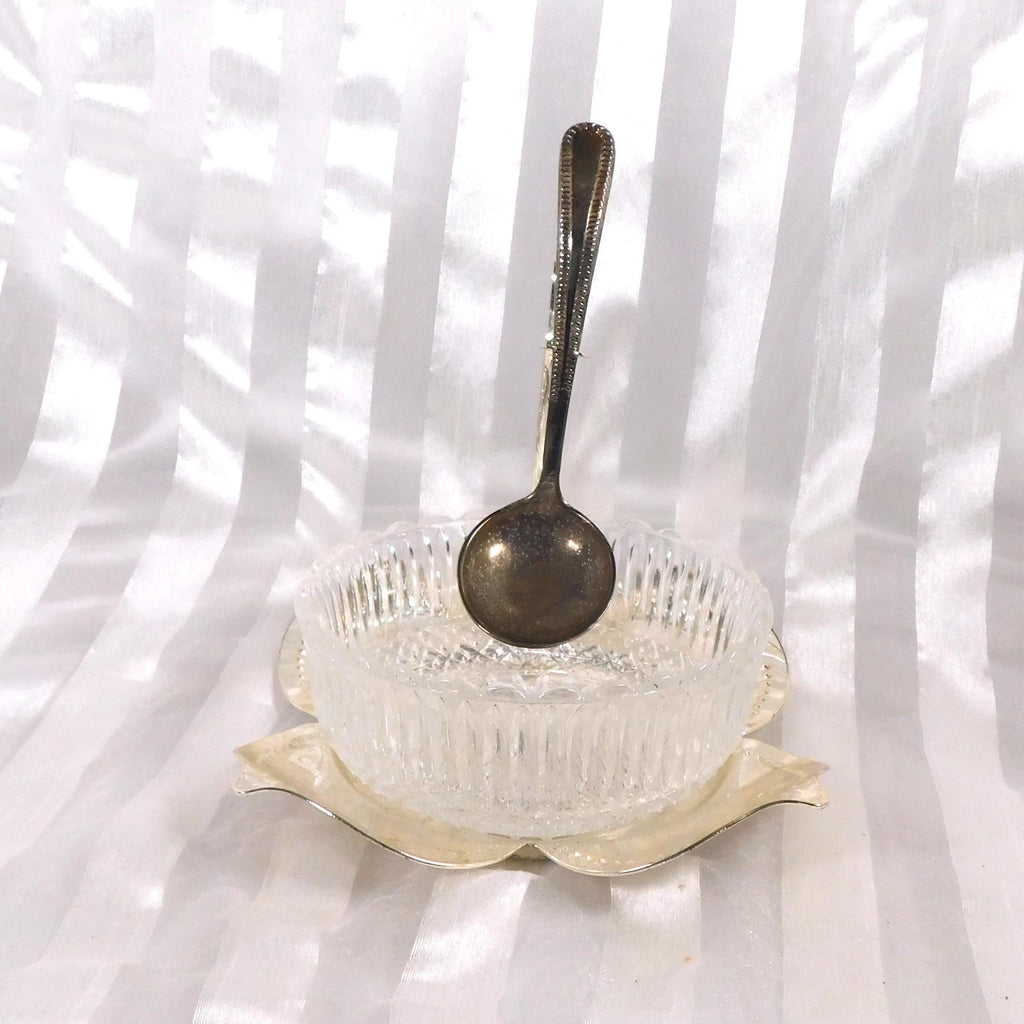 Silver Flower Shaped Jelly Jar Holder with Glass Dish and Spoon # 26342