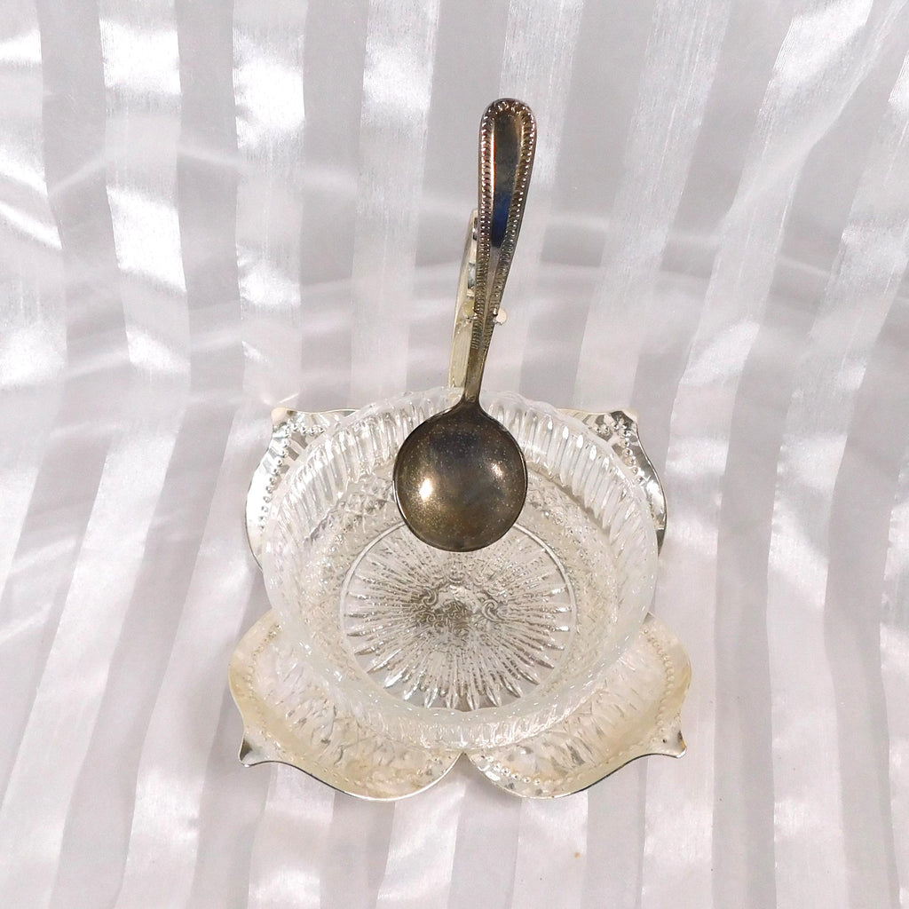 Silver Flower Shaped Jelly Jar Holder with Glass Dish and Spoon # 26342