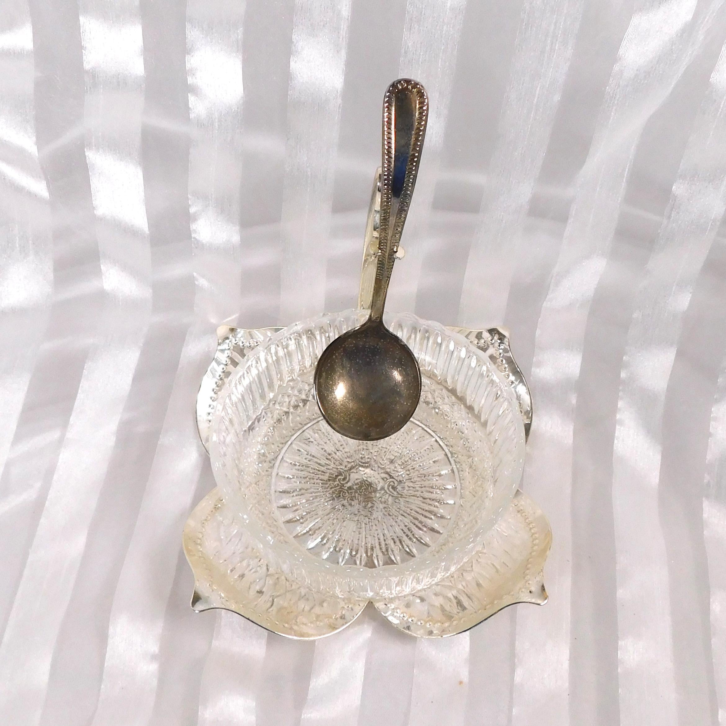 Silver Flower Shaped Jelly Jar Holder with Glass Dish and Spoon # 26342