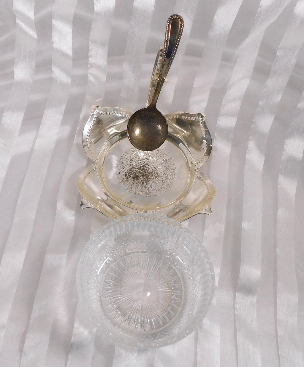 Silver Flower Shaped Jelly Jar Holder with Glass Dish and Spoon # 26342