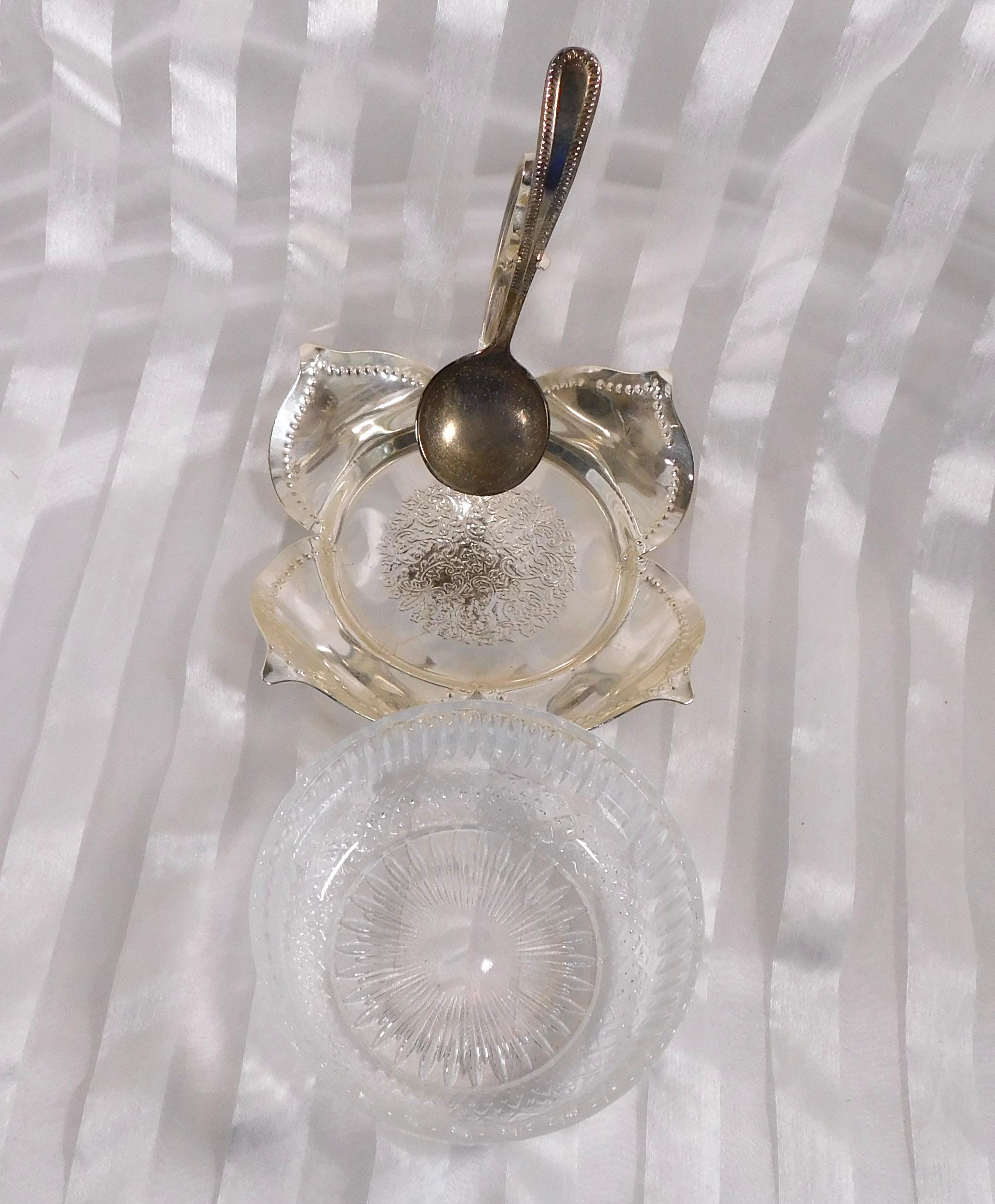 Silver Flower Shaped Jelly Jar Holder with Glass Dish and Spoon # 26342