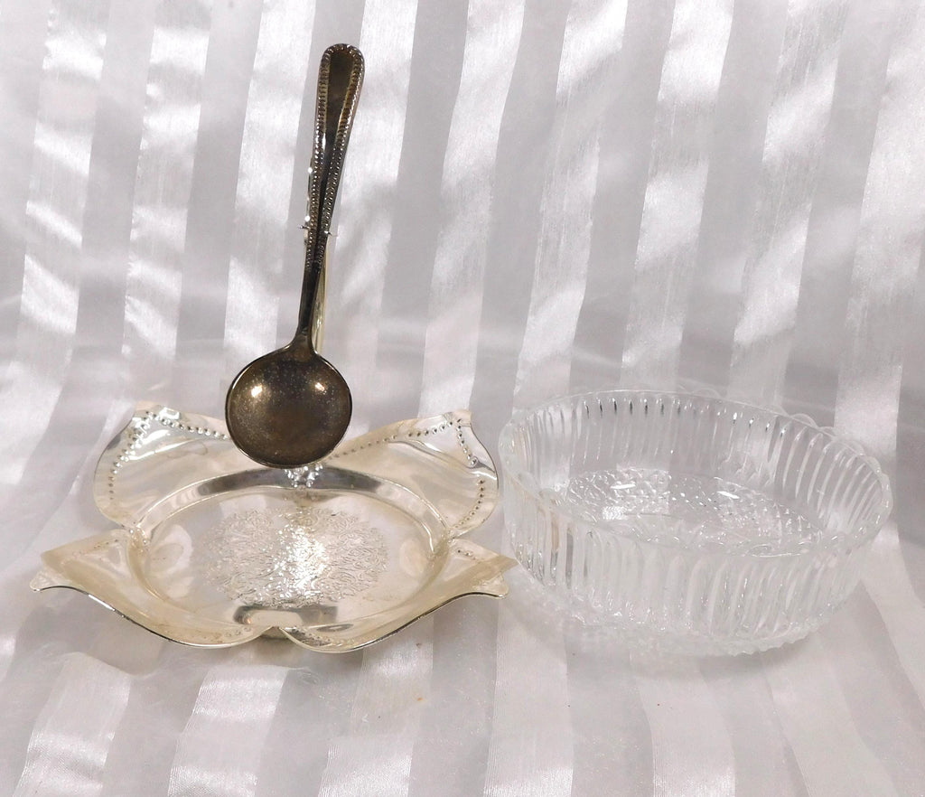 Silver Flower Shaped Jelly Jar Holder with Glass Dish and Spoon # 26342