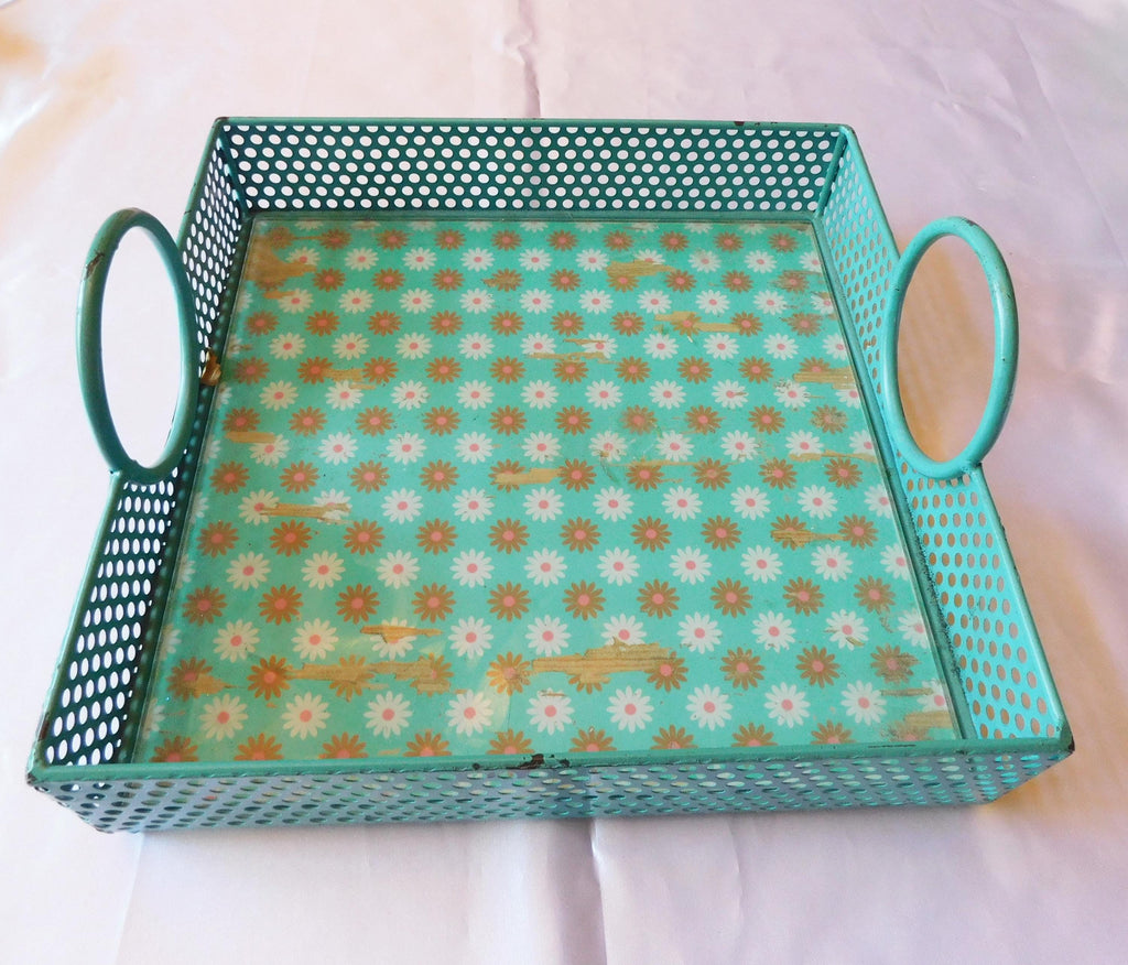 Aqua Metal Tray with Round Handles and Wood Insert # 6060