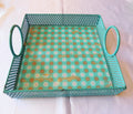 Aqua Metal Tray with Round Handles and Wood Insert # 6060