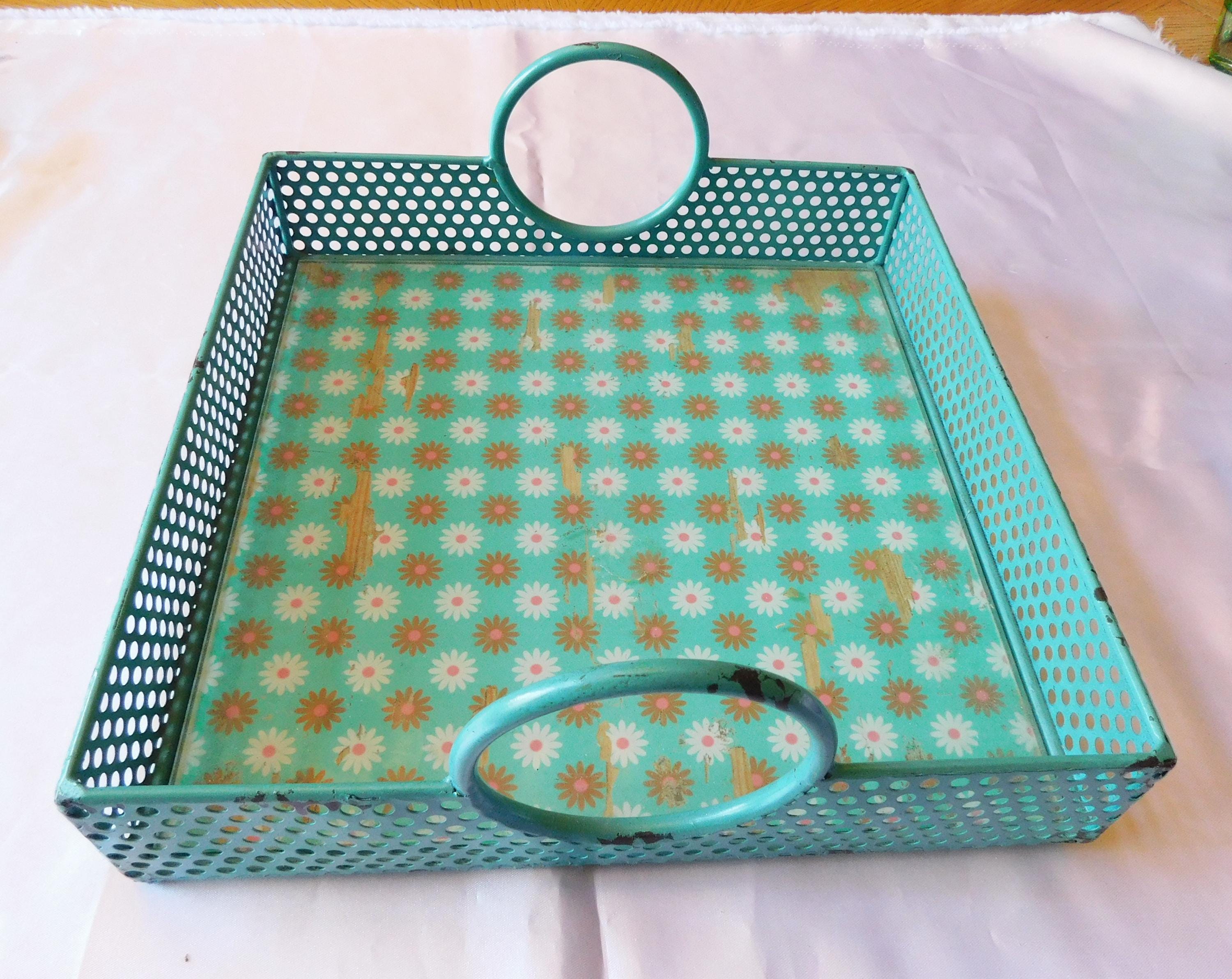 Aqua Metal Tray with Round Handles and Wood Insert # 6060