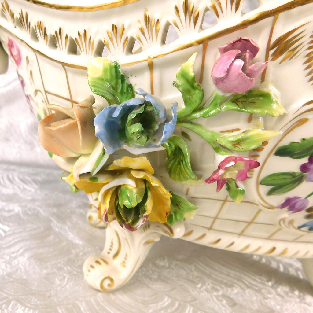 Very Large Footed Dresden Bowl with Three Dimensional Flowers # 27621