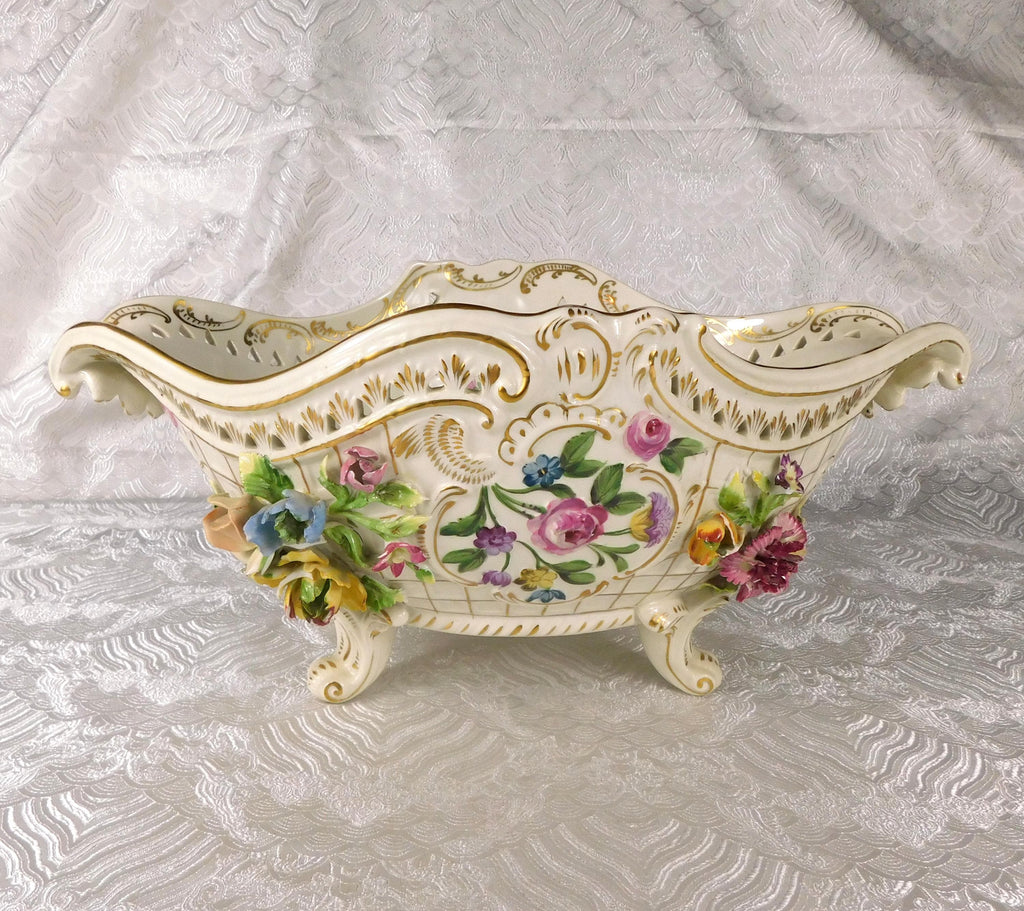 Very Large Footed Dresden Bowl with Three Dimensional Flowers # 27621
