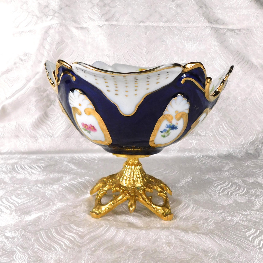 Large Blue and White Floral Bowl on Golden Metal Base # 27597