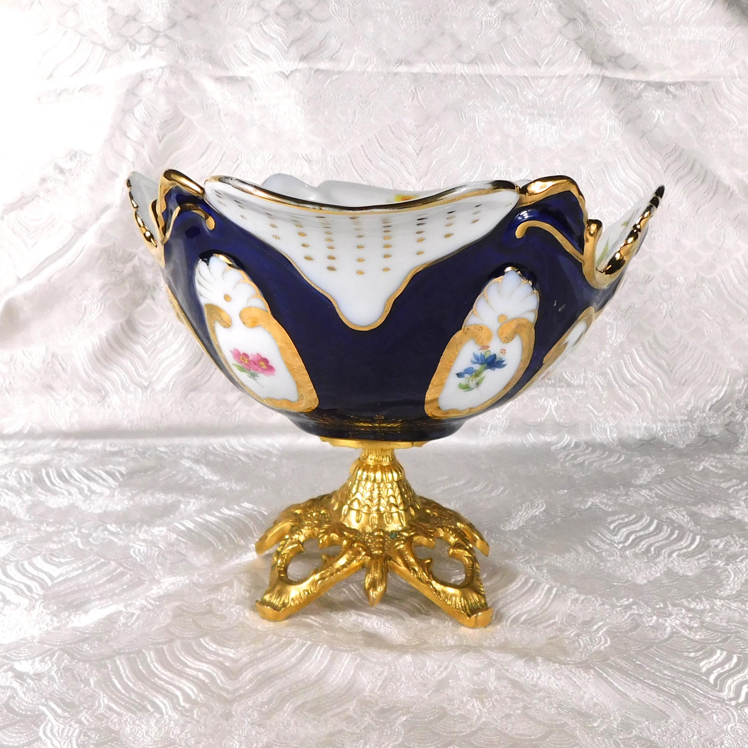 Large Blue and White Floral Bowl on Golden Metal Base # 27597