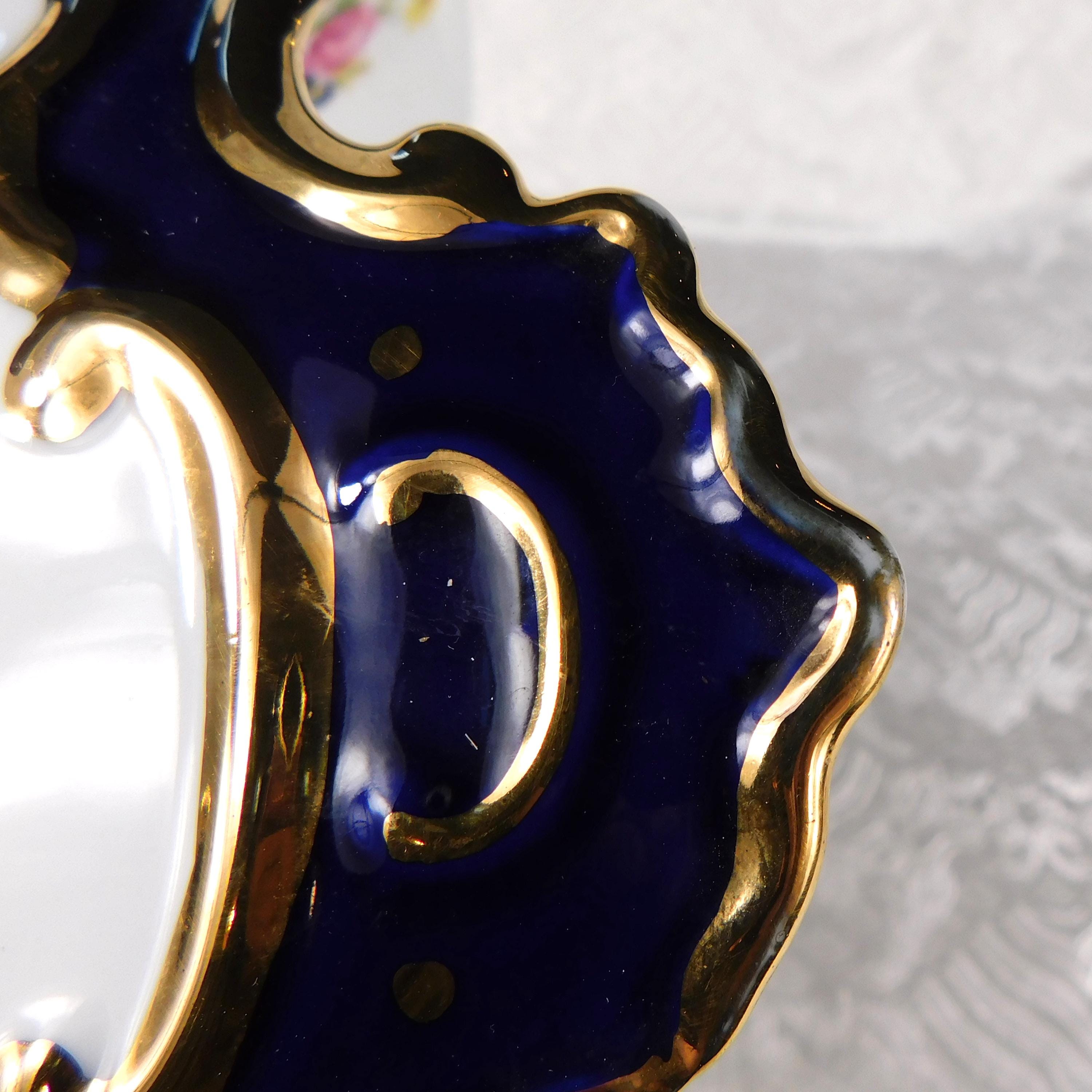 Large Blue and White Floral Bowl on Golden Metal Base # 27597