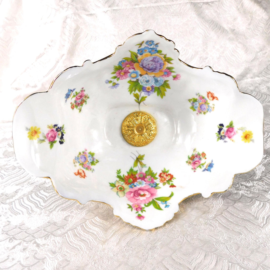 Large Blue and White Floral Bowl on Golden Metal Base # 27597