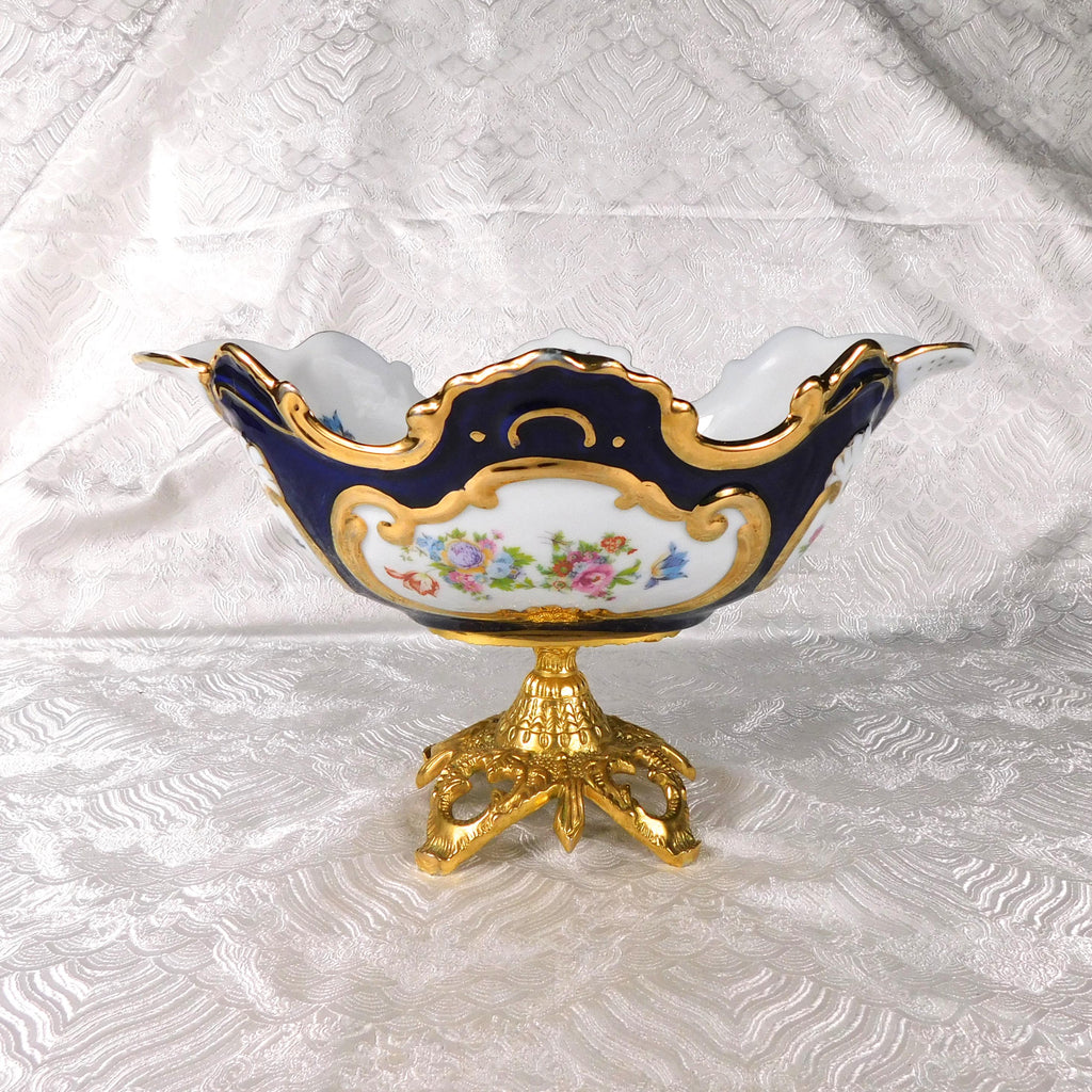Large Blue and White Floral Bowl on Golden Metal Base # 27597