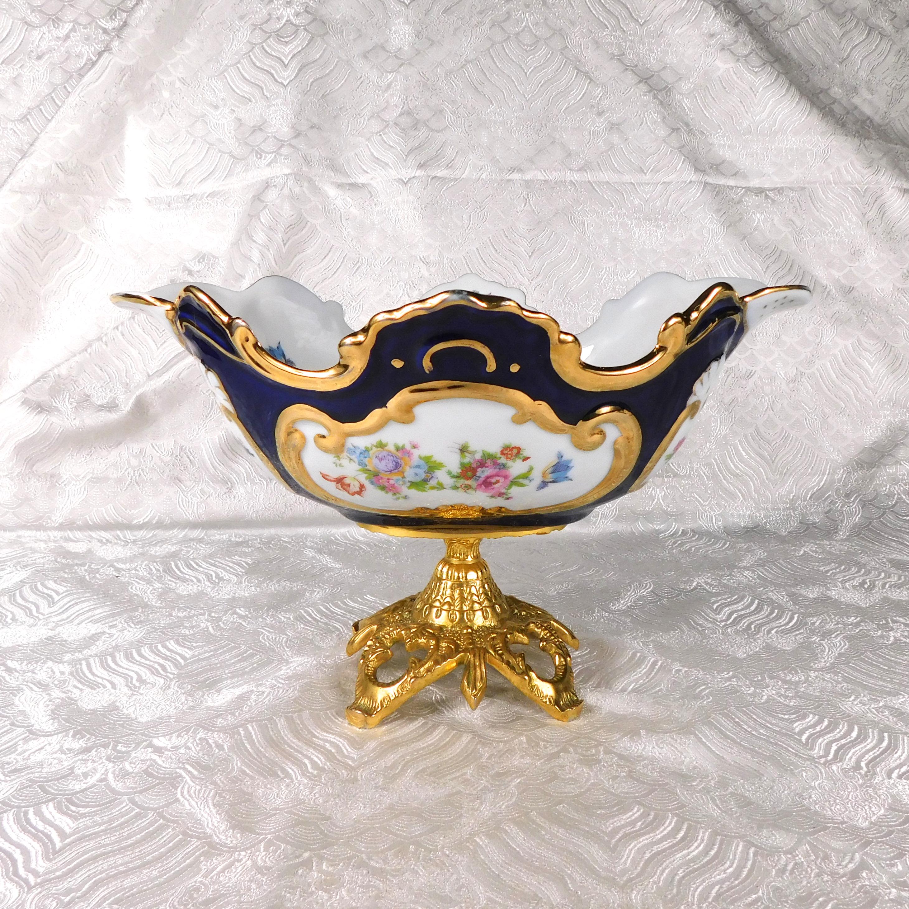 Large Blue and White Floral Bowl on Golden Metal Base # 27597