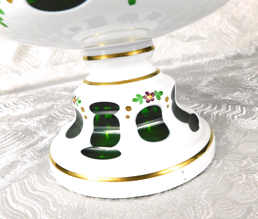 White Over Green Cut to Clear  Glass Large Compote # 27640