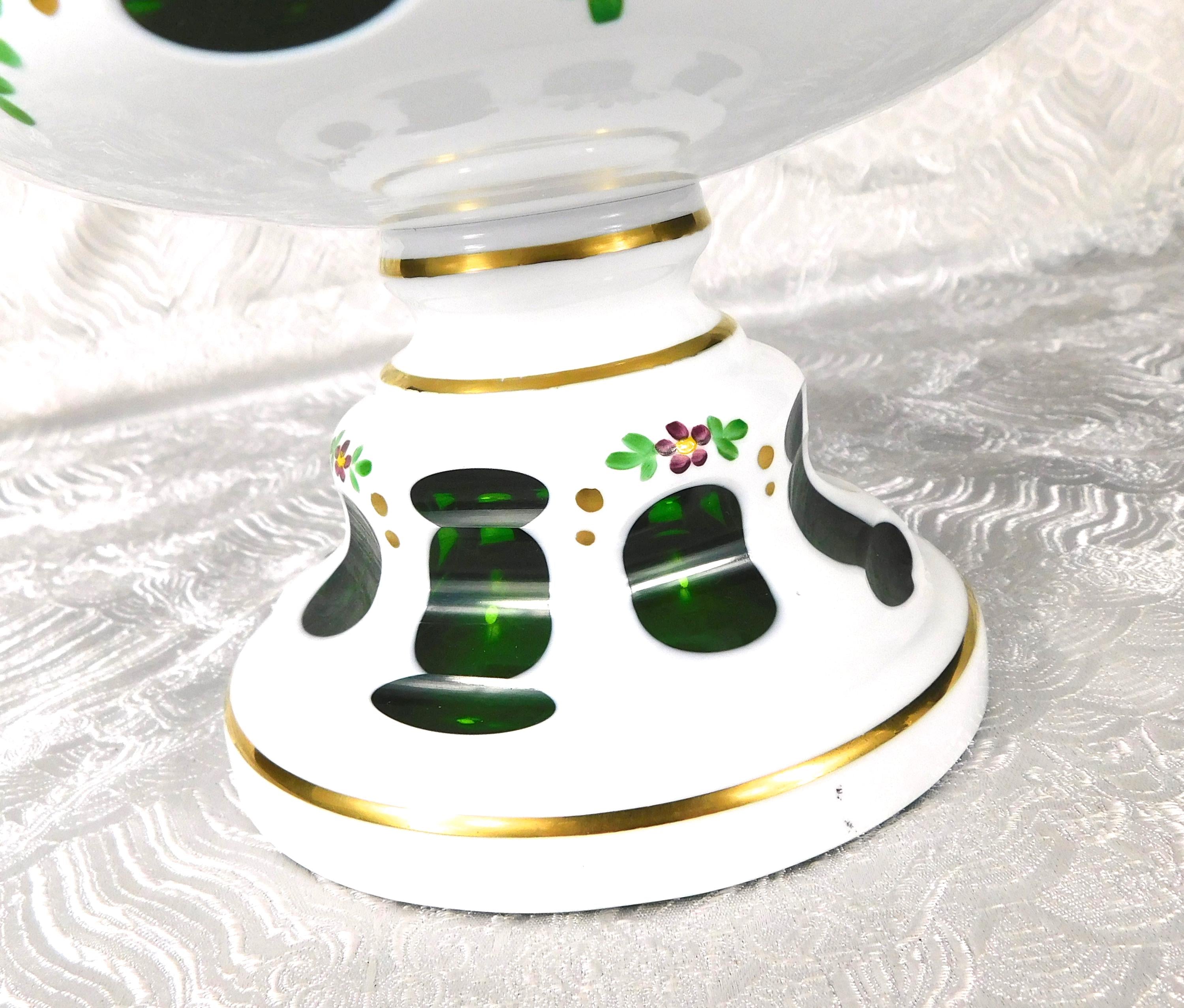White Over Green Cut to Clear  Glass Large Compote # 27640