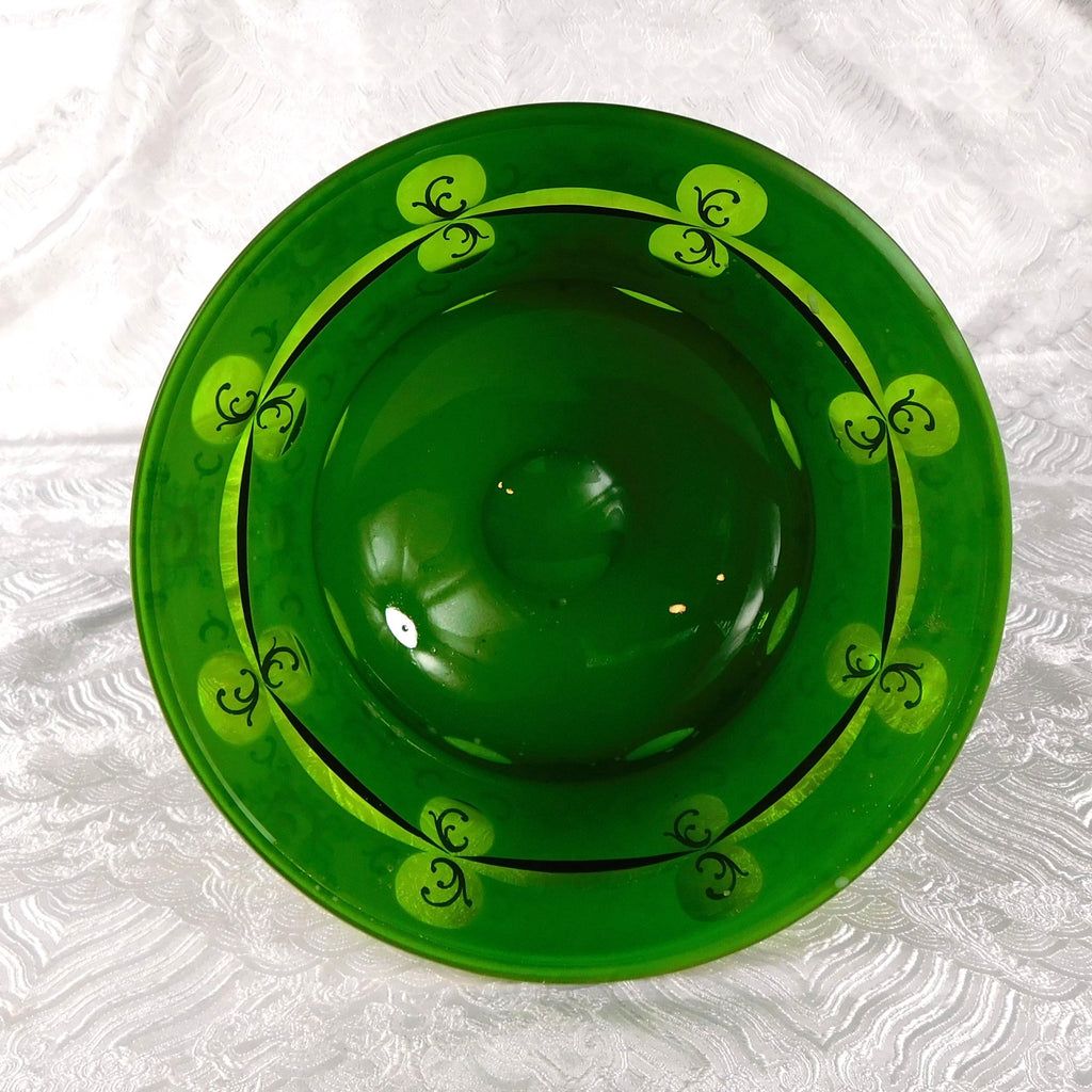White Over Green Cut to Clear  Glass Large Compote # 27640