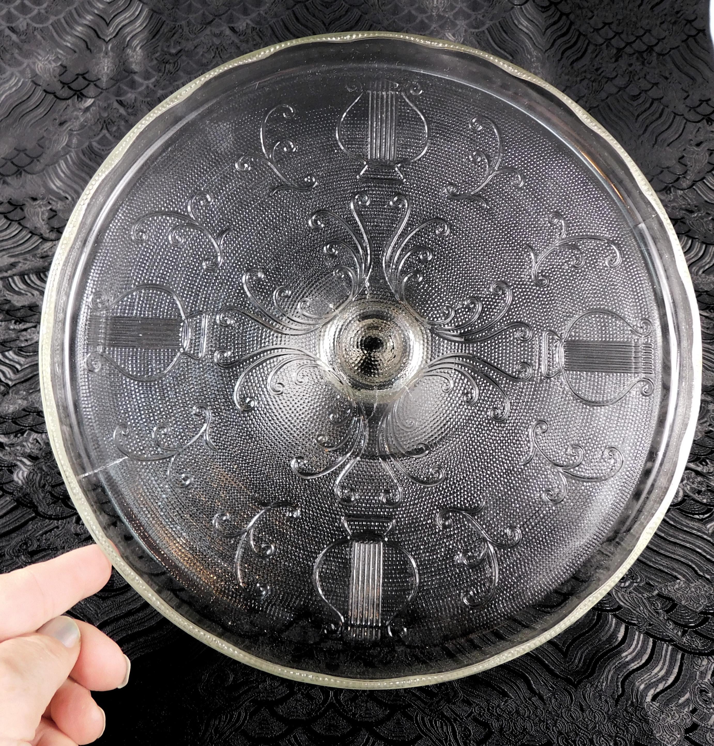 Vintage Pressed Glass Cake Stand with Lyre Detail # 27576