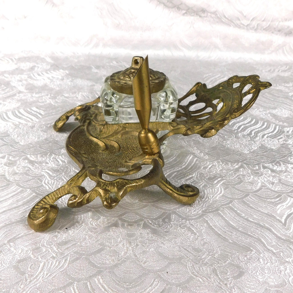 Metal Inkwell Stand with Glass Inkwell and Pen Holder # 27625