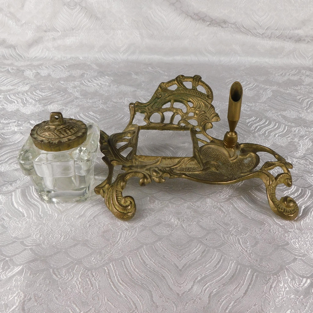 Metal Inkwell Stand with Glass Inkwell and Pen Holder # 27625