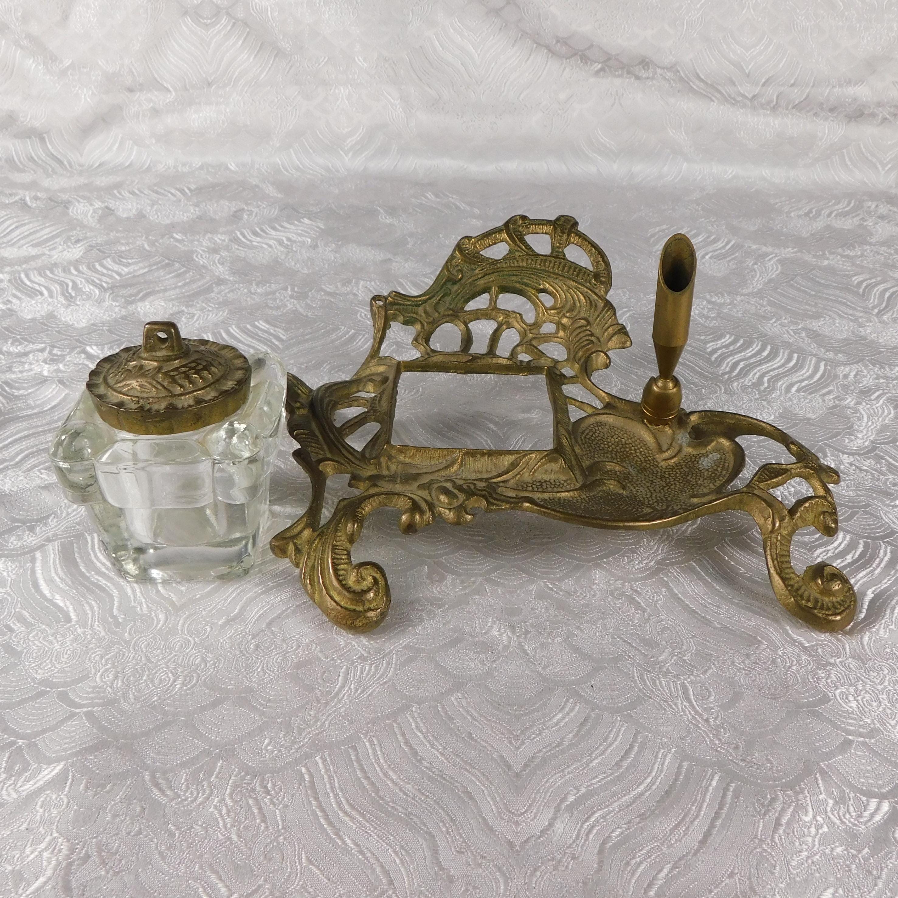 Metal Inkwell Stand with Glass Inkwell and Pen Holder # 27625