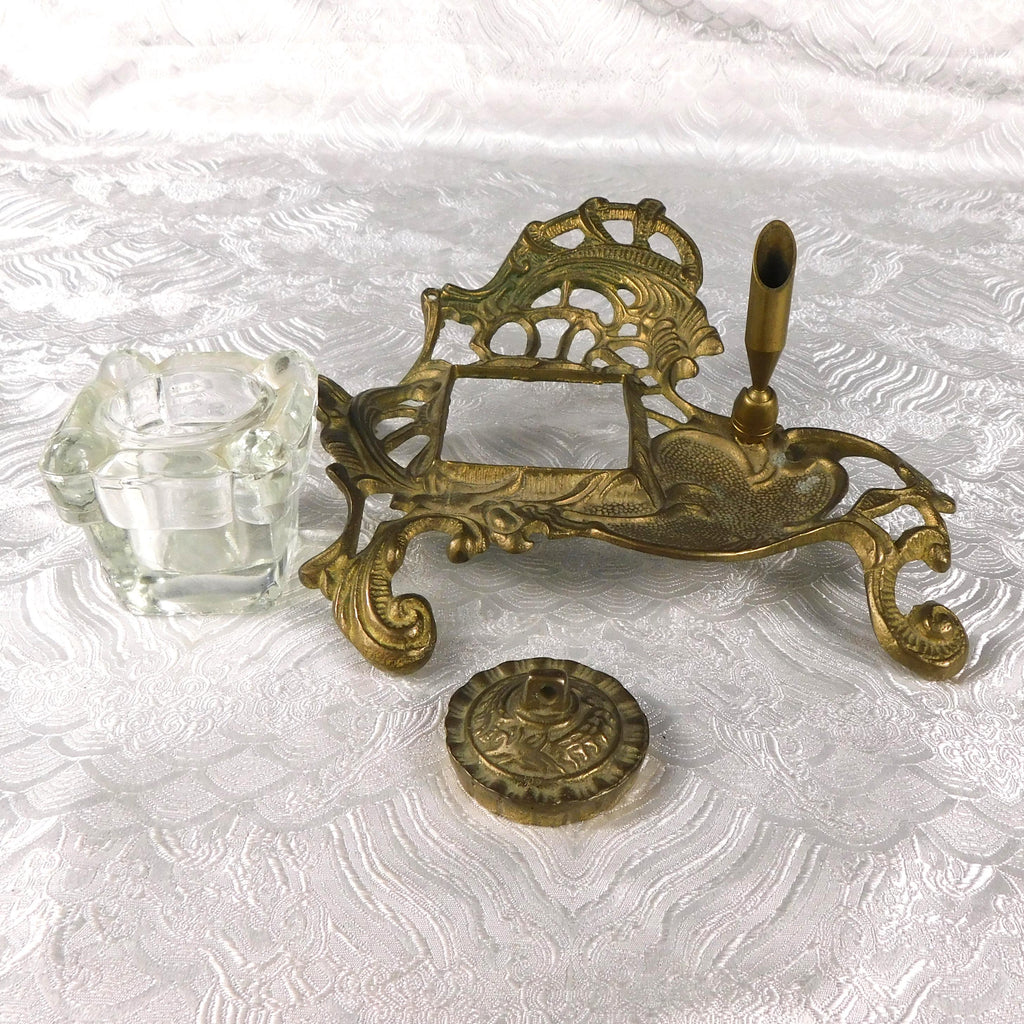 Metal Inkwell Stand with Glass Inkwell and Pen Holder # 27625