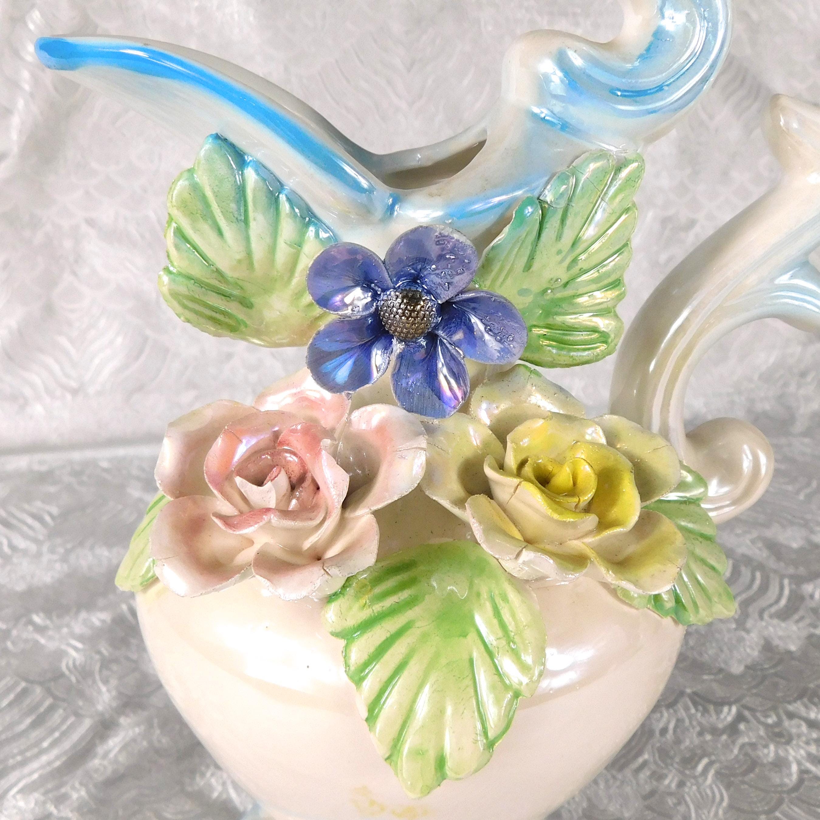 Blue and White Ceramic Pitcher with Three Dimensional Flowers # 27654