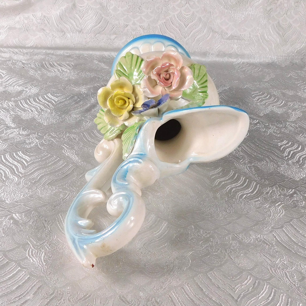 Blue and White Ceramic Pitcher with Three Dimensional Flowers # 27654