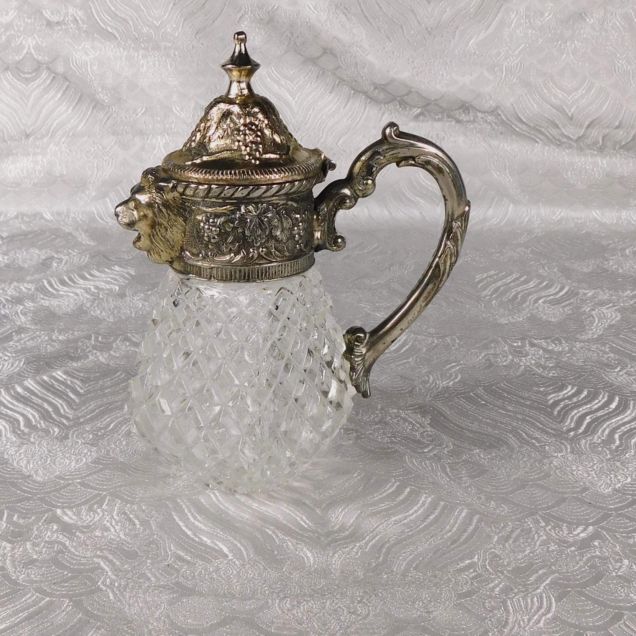 Crystal Syrup Pitcher, Milk Jug, Creamer with Metal Lid with Lions Head Spout # 27655