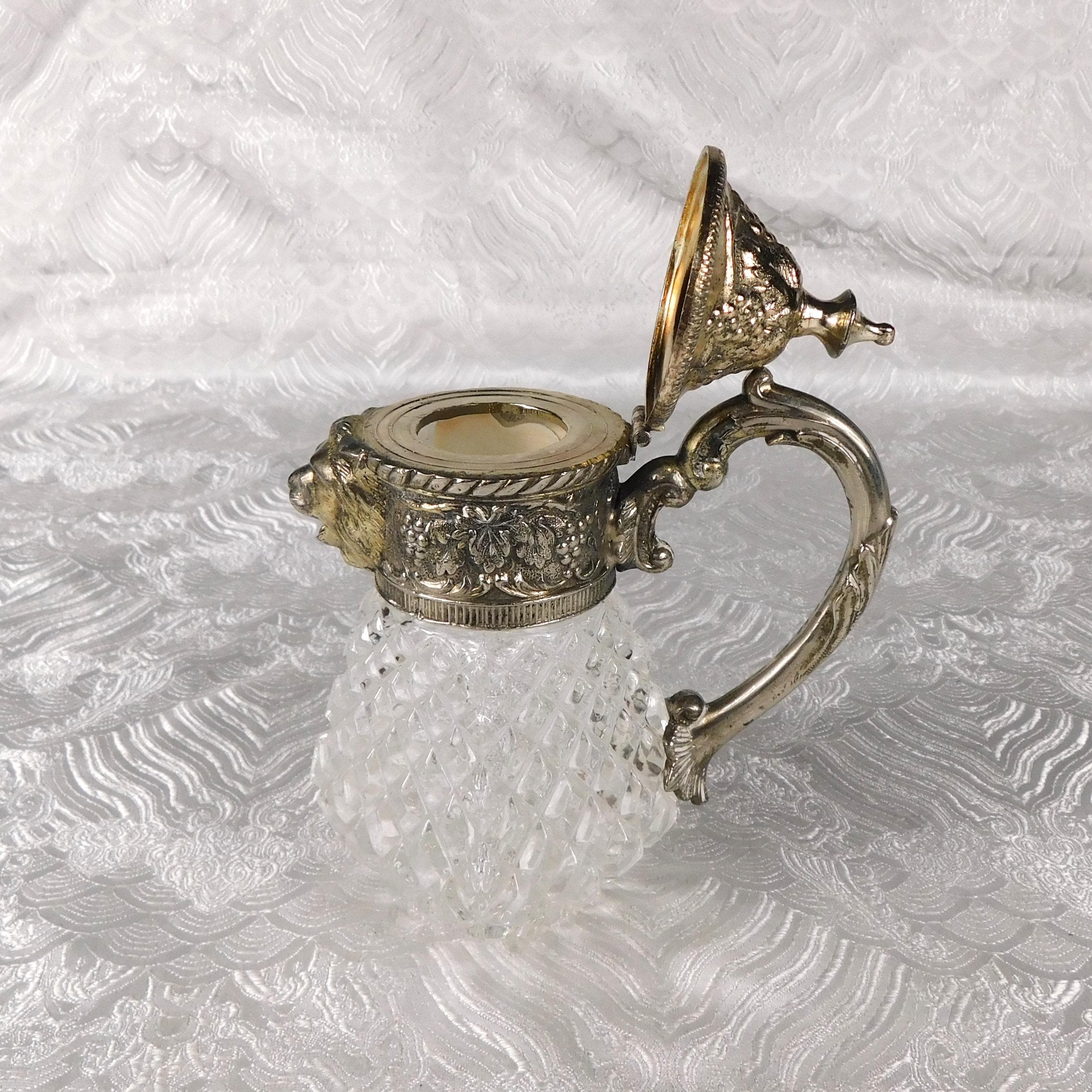 Crystal Syrup Pitcher, Milk Jug, Creamer with Metal Lid with Lions Head Spout # 27655